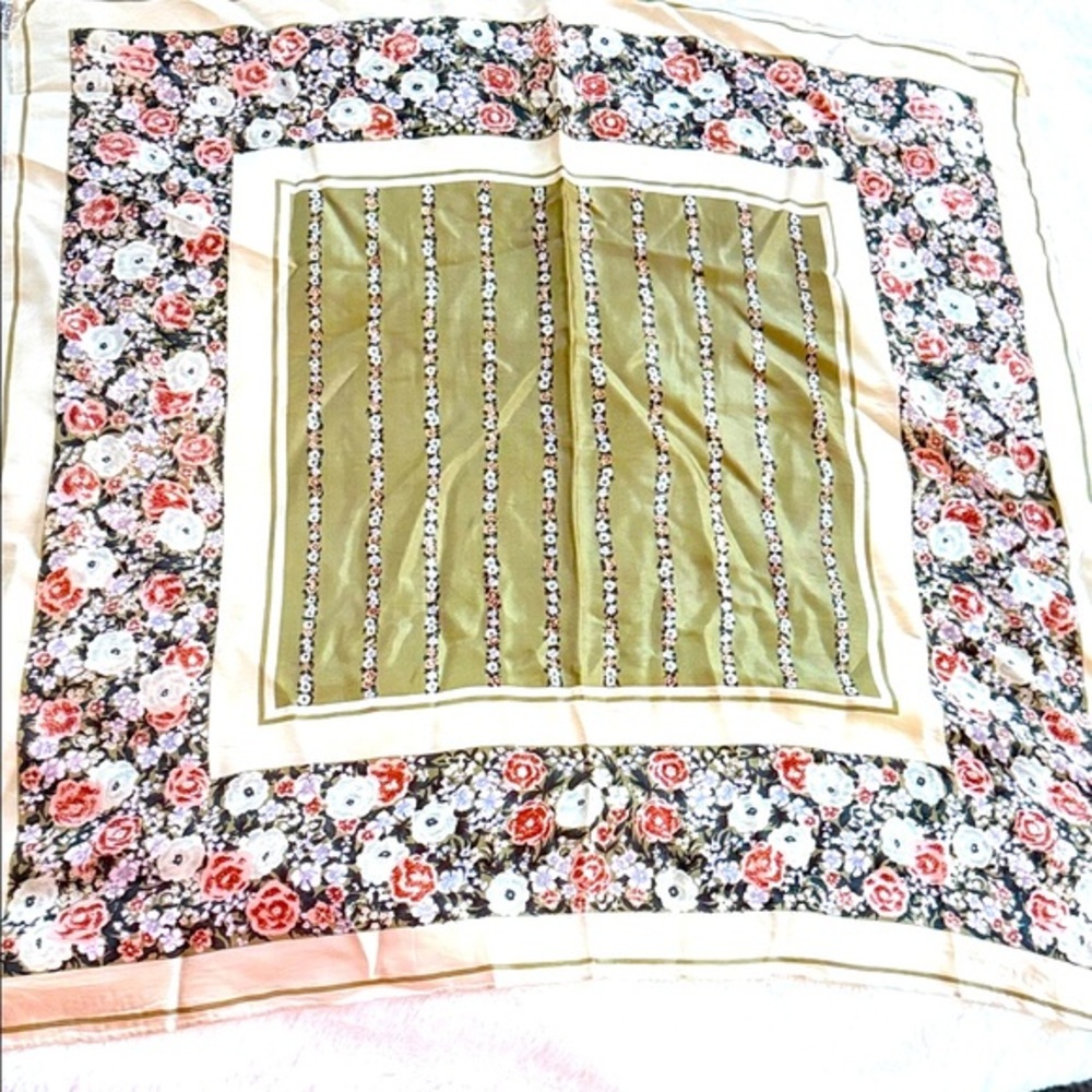 Echo Silk Scarf with Olive and Cream Floral Design 27'x27' - Picture 4 of 7